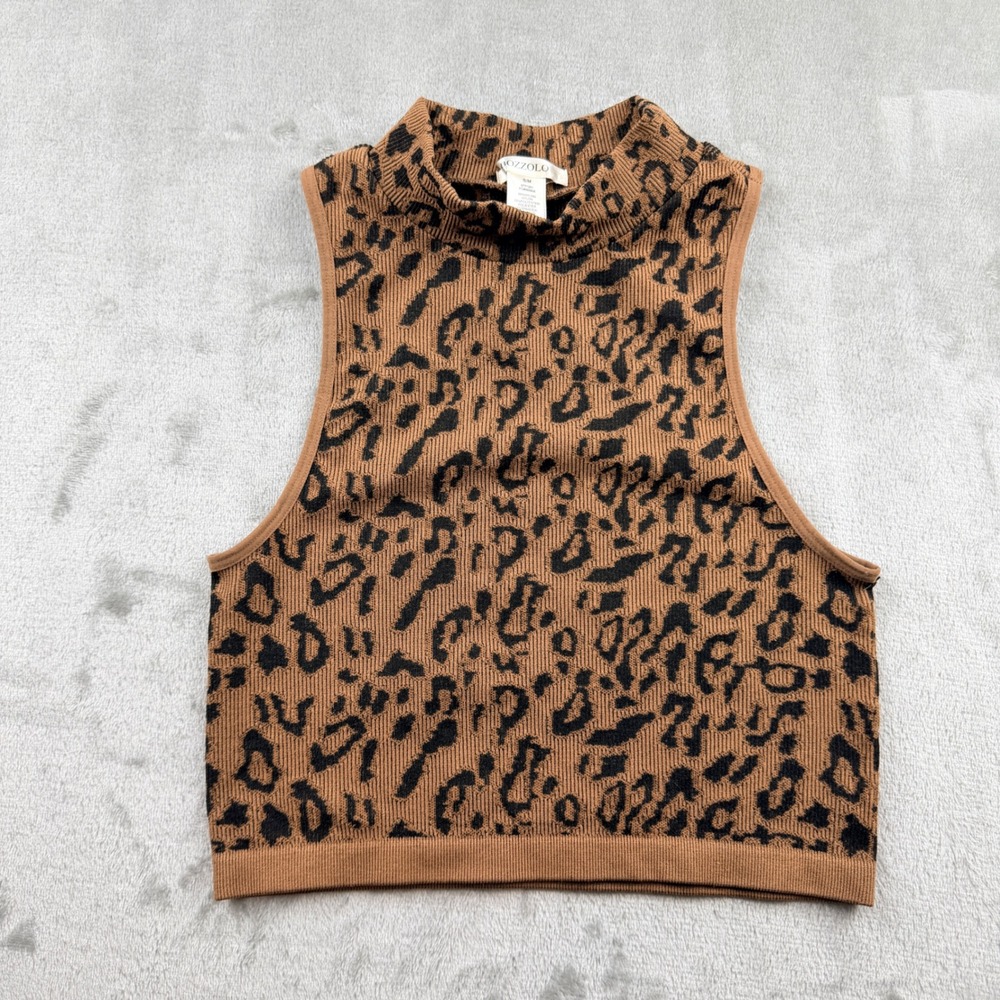Bozzolo Leopard Print Sleeveless Mock Neck Ribbed Knit Crop Top‎ Brown Black S/M
